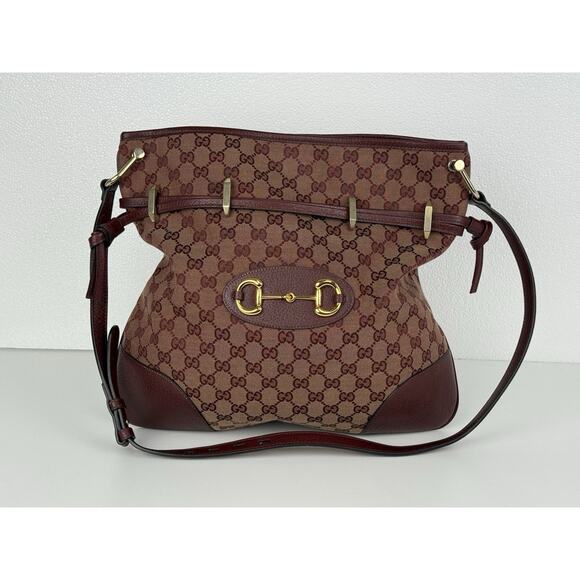 Gucci Horsebit Burgundy Canvas Drawstring Shoulder Bag Canvas - Picture 2 of 16